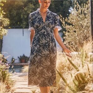 NWT Current Air Navy Blue White Eyelet Dress Embroidered Midi Ruffles Sz M